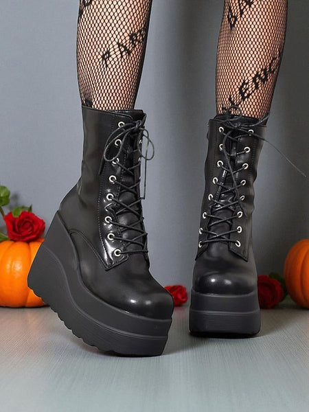 Red Ankle and Lace-Up Platform Women's Boots Black - Bold FashionChic