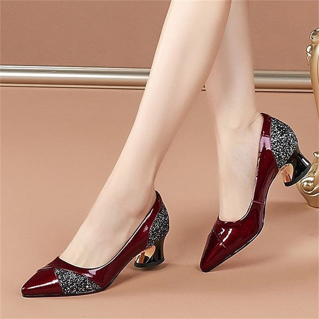 Patent Women's Heels Block Leather Faux Glitter-Accented FashionChic