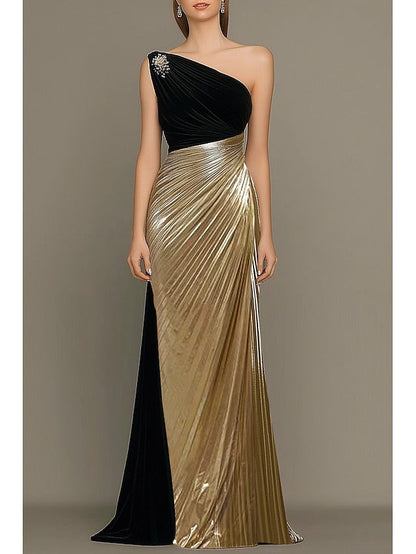 Wedding Elegant Gold Formal Gown Evening Dress Black Column FashionChic