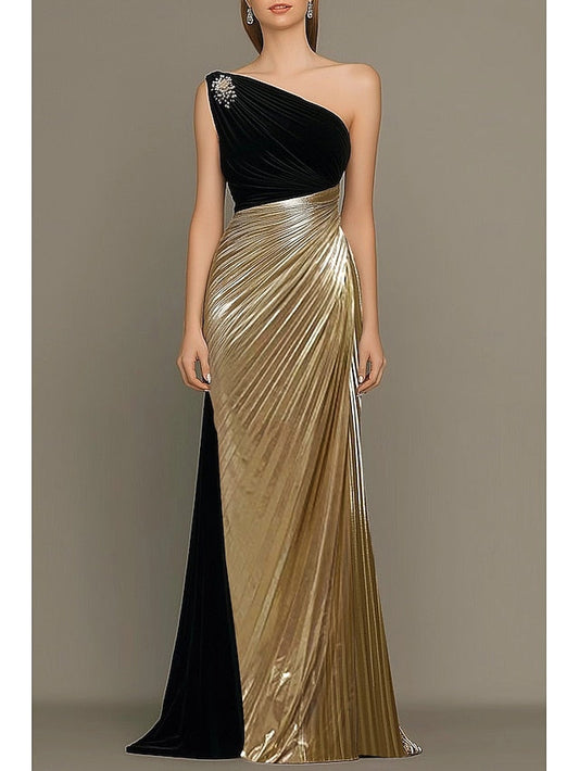 Wedding Elegant Gold Formal Gown Evening Dress Black Column FashionChic