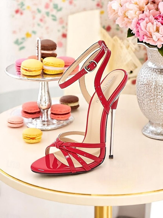 Heels Strappy Red Leather - Patent Knot Stiletto Women's FashionChic