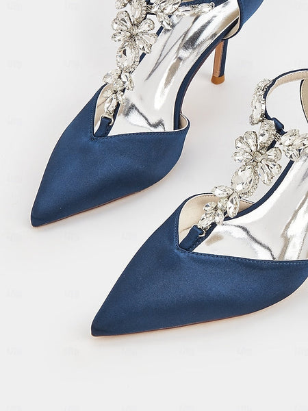 Satin Heels – Blue Pointed Toe T-Strap Women's Navy FashionChic