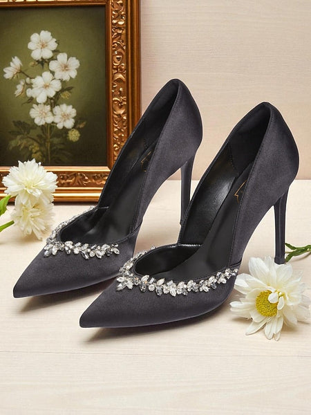 Pointed Heels Toe Crystal Satin with Women's Embellishment FashionChic