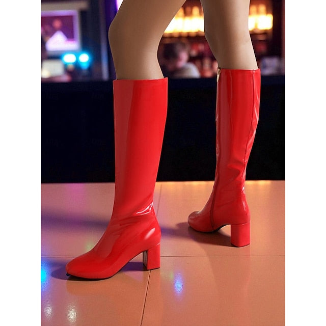 Leather Patent Block with Heel High Red Women's Boots Knee FashionChic