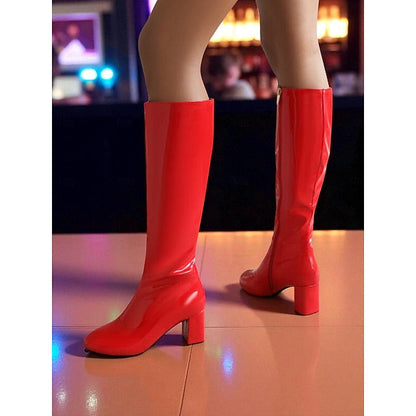 Leather Patent Block with Heel High Red Women's Boots Knee FashionChic