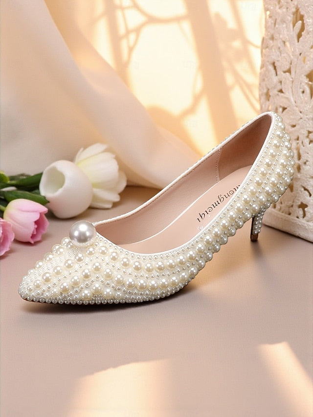 Heel Matching Kitten and Pearl-Embellished Pumps Women's FashionChic