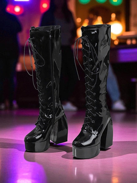 Platform Silver High Metallic Boots - Women's Lace-Up Knee FashionChic