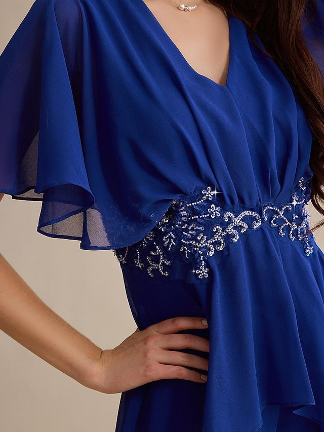 Embroidered Wedding Sequin Flare Guest Chiffon Blue Royal Cuff FashionChic