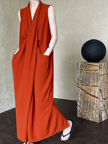 Pockets with Draped Sleeveless Dress Elegant Midi FashionChic