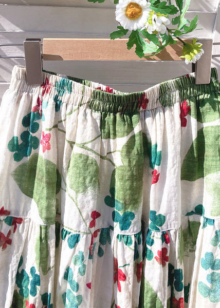 Green Print Cotton Skirt Waist Elastic New Summer FashionChic