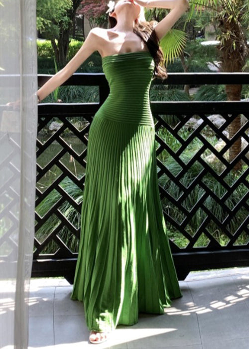 New Dresses Wrinkled knitting Long Cotton Green Strapless FashionChic