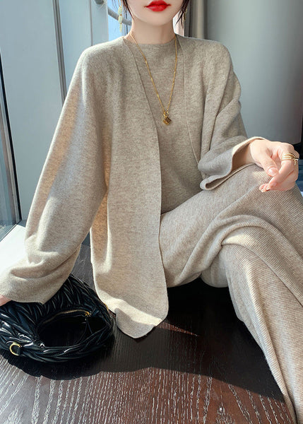 Natural Light Camel V Neck Woolen Cardigan Waistcoat And Wide Leg Pants Three Piece Set Fall WV030 ABC