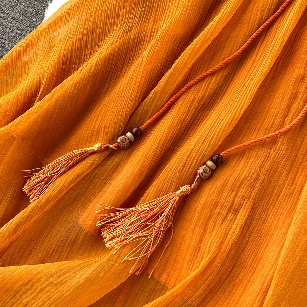 Retro Orange V Neck Splicing Embroidered Waistband Lantern Sleeve Dress AR1013 shopify