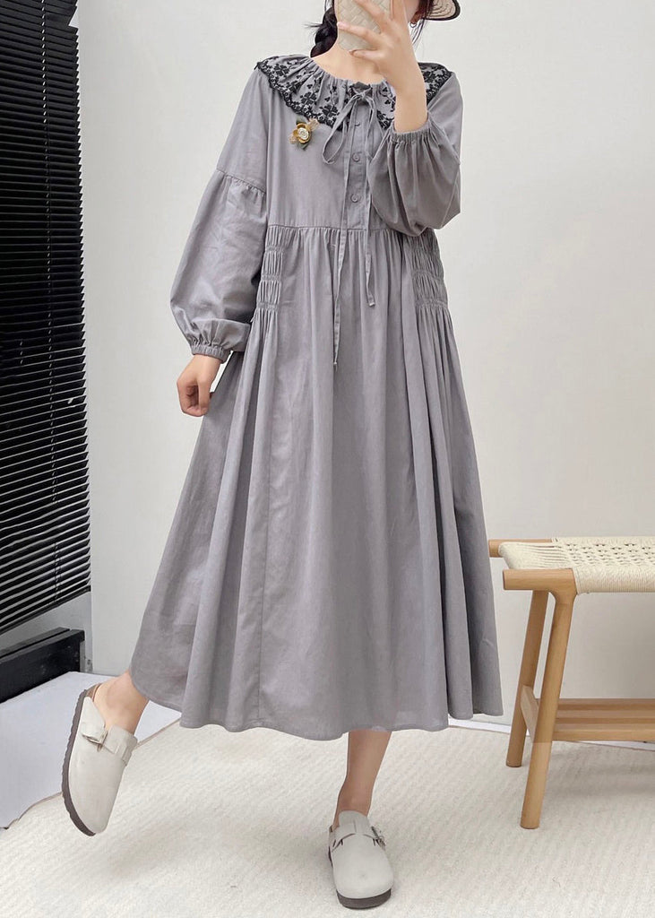 Grey Button Wrinkled Cotton Dresses Embroidered Long Sleeve NN031 shopify