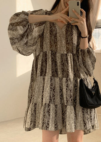 Bohemian Photo Color Print Patchwork Mid Dress Lantern Lantern TT1047 shopify