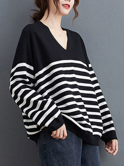 Casual Loose Black V-Neck Contrast Color Striped Long Sleeve Knit Sweater AN1035 Genistyle Shop