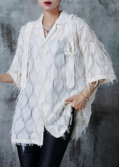 Beige Loose Cotton Shirts Tasseled Summer PZGY-STP240826