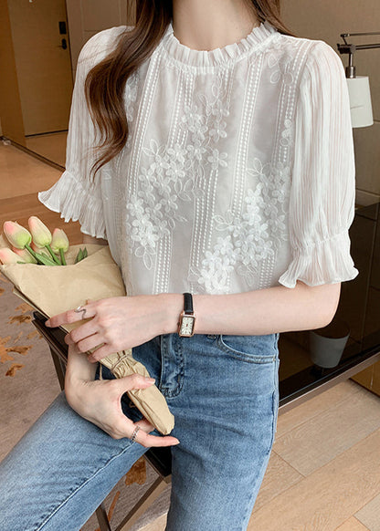 Shirts Chiffon White Bohemian Summer Embroidered Floral FashionChic