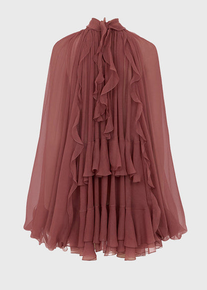 Chiffon Patchwork Tops Brick French Fall Ruffled Shirt Red FashionChic