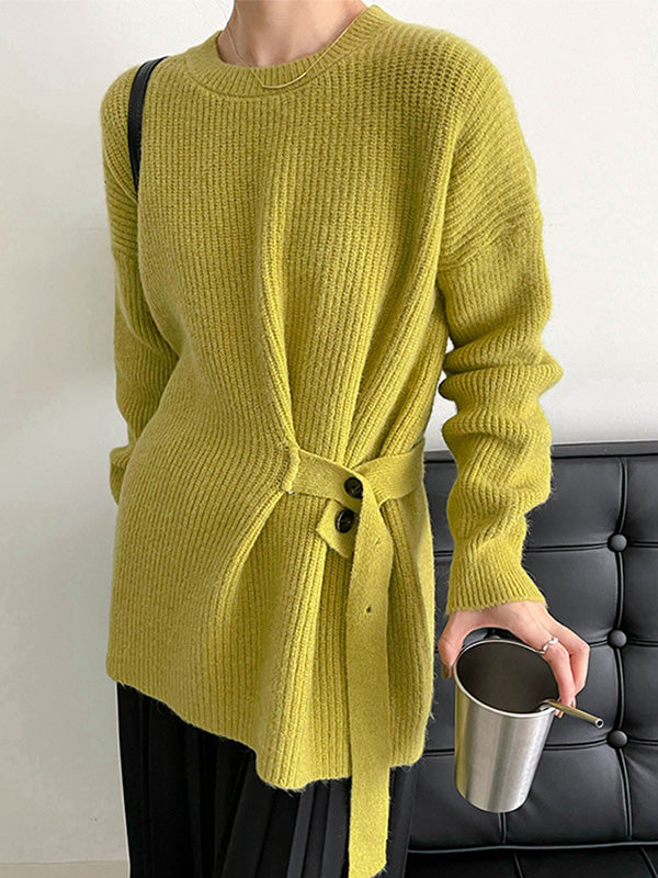 Chic Green Round-Neck Bandage Long Sleeve Knit Sweater AN1036 Genistyle Shop