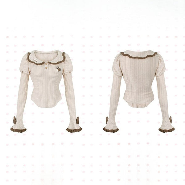 Bow Details with Brown Top Long Light Knit Juliette Bear Pattern Sleeves and Paw Adorable FashionChic
