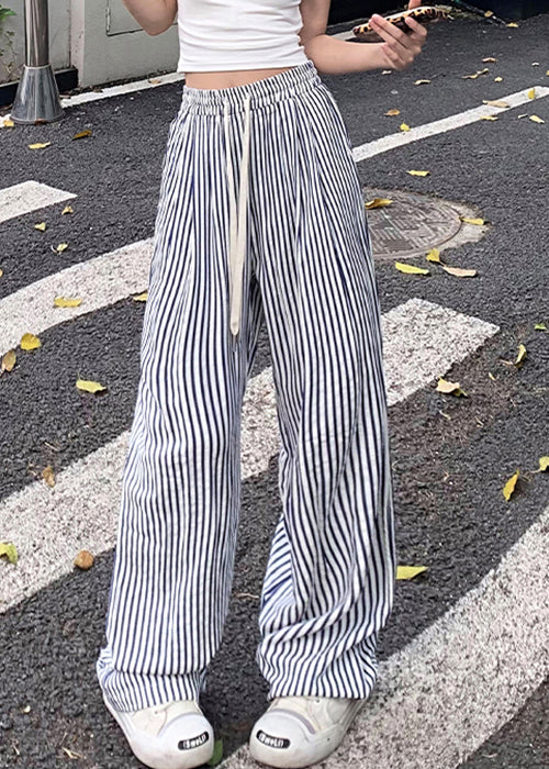 New Blue Striped Pockets Elastic Waist Cotton Pants Summer NN003 shopify