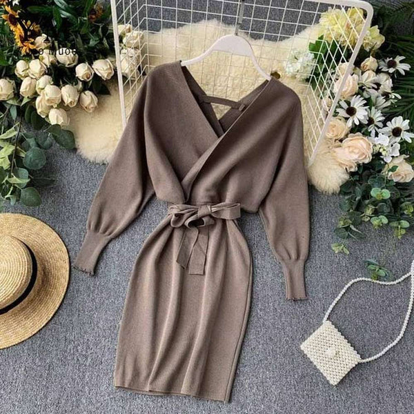 Elegant Beige V Neck Tie Waist Long Batwing Sleeve Dress AR1021 shopify