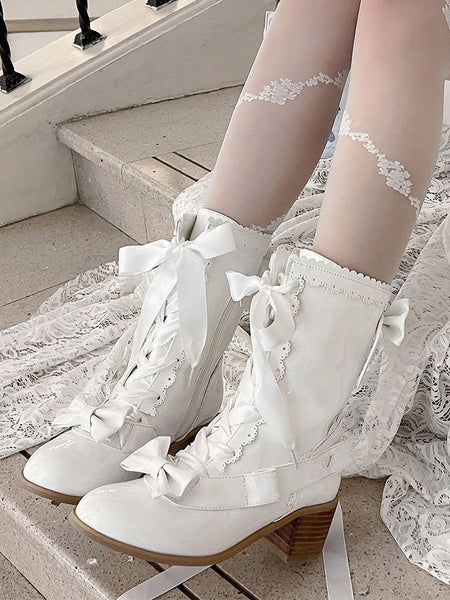 PU White Mid-heel Polished - Boots Lolita in Sweet FashionChic