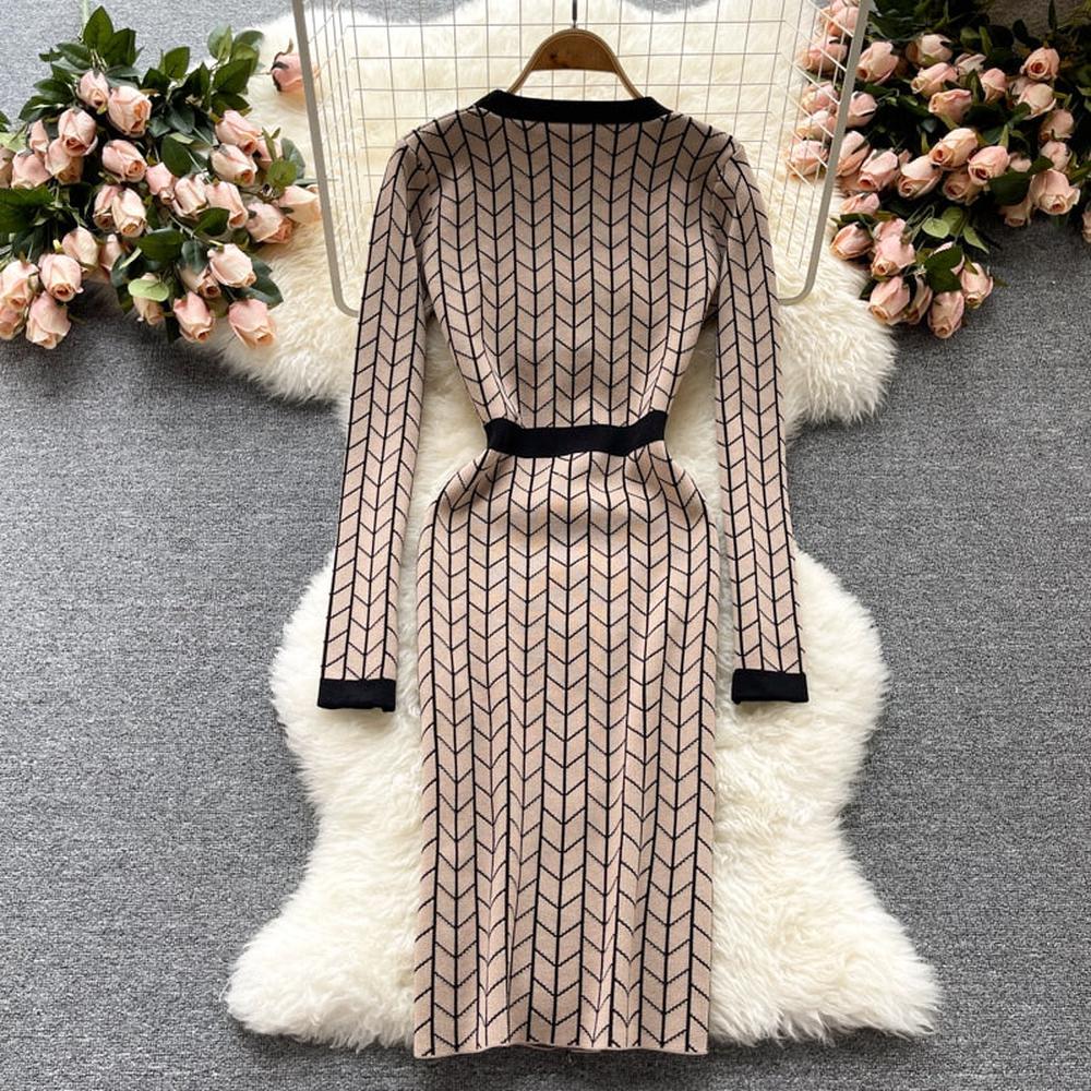 Women Black V-Neck Geometric Long Sleeve Knit Bodycon Dress AR1017 shopify