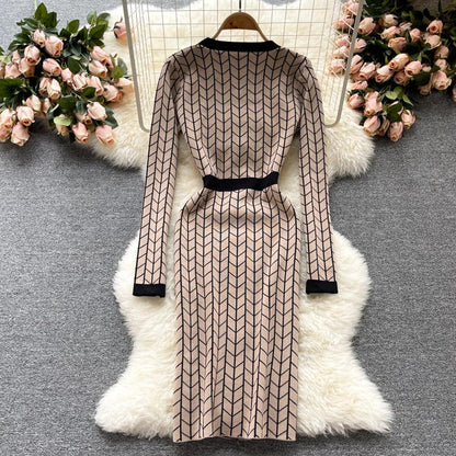 Women Black V-Neck Geometric Long Sleeve Knit Bodycon Dress AR1017 shopify