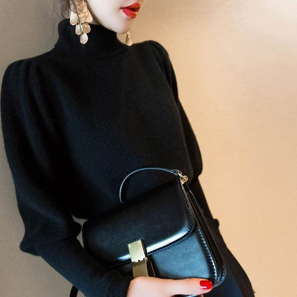 Elegant Black Turtleneck Long Puff Sleeve Knit Sweater TW001 ABC