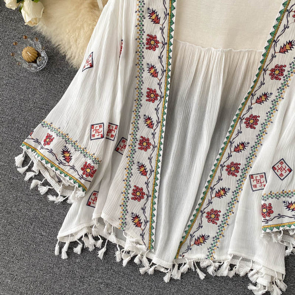 Bohemian White Embroidered Three-quarter sleeves Splicing Tassel Cardigan AR1023 shopify