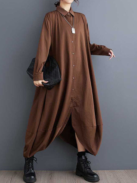 Stylish Black Lapel Buttoned Pockets A-Line Petal Hem Long Sleeve Shirt Dress TW015 ABC