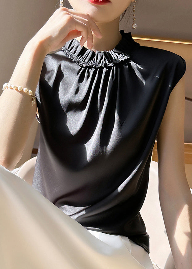 Women Black Ruffled Solid Silk Tank Sleeveless TT1002 shopify