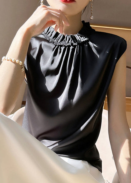 Women Black Ruffled Solid Silk Tank Sleeveless TT1002 shopify