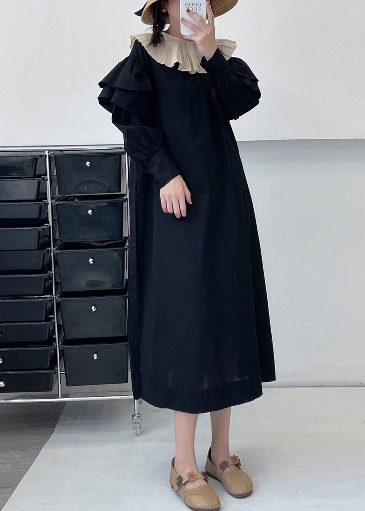 Black Solid Pockets Cotton Dress Ruffled Summer NN027 shopify
