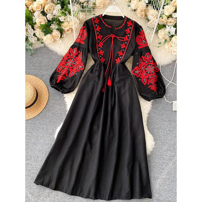 Bohemian Navy O-Neck Lacing Embroidered Flower Lantern Sleeve A-line Dress AR1011 shopify