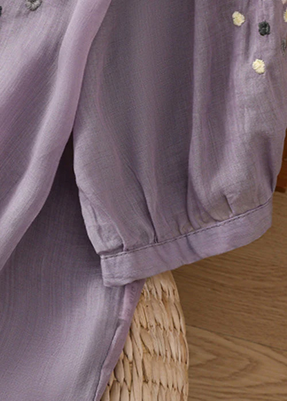 Grace Purple O Neck Embroideried Side Open Linen Blouse Spring QB032 GSK-241025