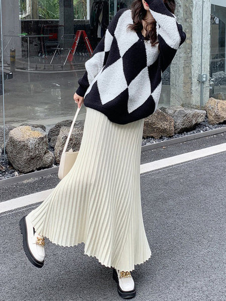 Brief Khaki High Waisted Pleated Striped A-Line Knit Skirt TW006 ABC