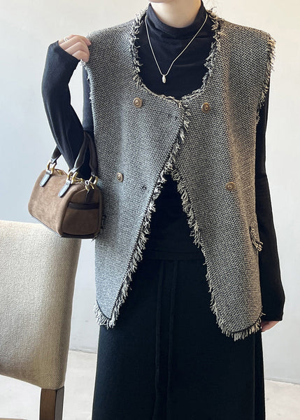 Chic Grey Tasseled Double Breast Knit Vest Sleeveless AF1053 HS-VTP240914