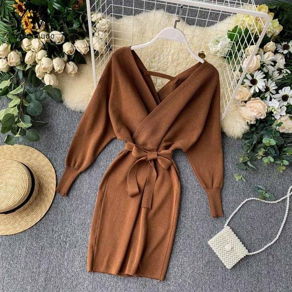 Elegant Beige V Neck Tie Waist Long Batwing Sleeve Dress AR1021 shopify