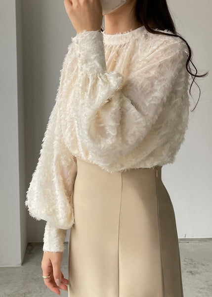 Sleeve Shirt Lantern Classy Chiffon Tasseled Beige Top FashionChic