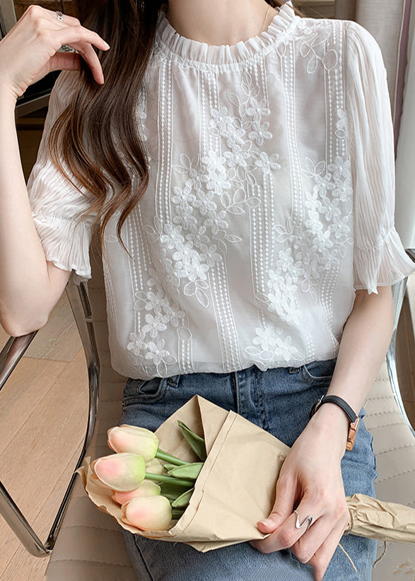 Shirts Chiffon White Bohemian Summer Embroidered Floral FashionChic