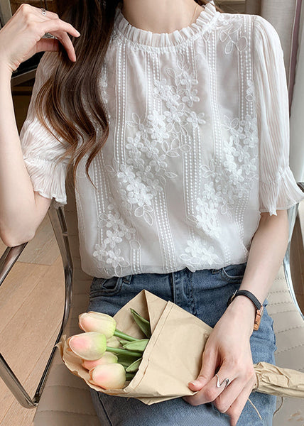 Shirts Chiffon White Bohemian Summer Embroidered Floral FashionChic