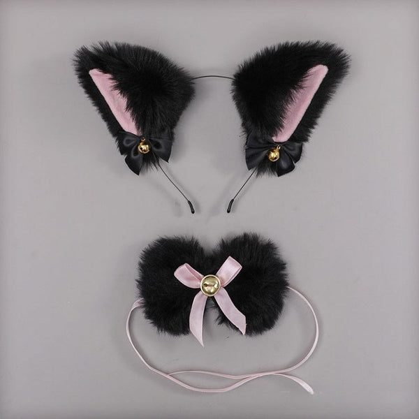 - Lolita + Tie KC Ear Bell Black / Bowknot Decorated Bow Plush White Kitty Set Sweet FashionChic