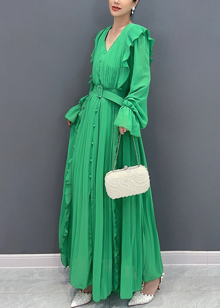 New Green Ruffled Button Sashes Chiffon Dress Long Sleeve AR1033 JDML-240823