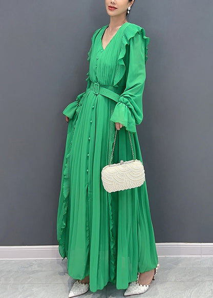 New Green Ruffled Button Sashes Chiffon Dress Long Sleeve AR1033 JDML-240823