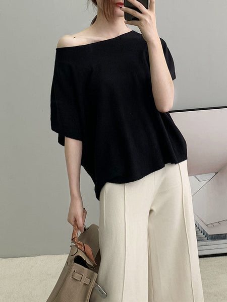Original Loose White Round Neck Half Sleeve Knit Top AN1042 Genistyle Shop