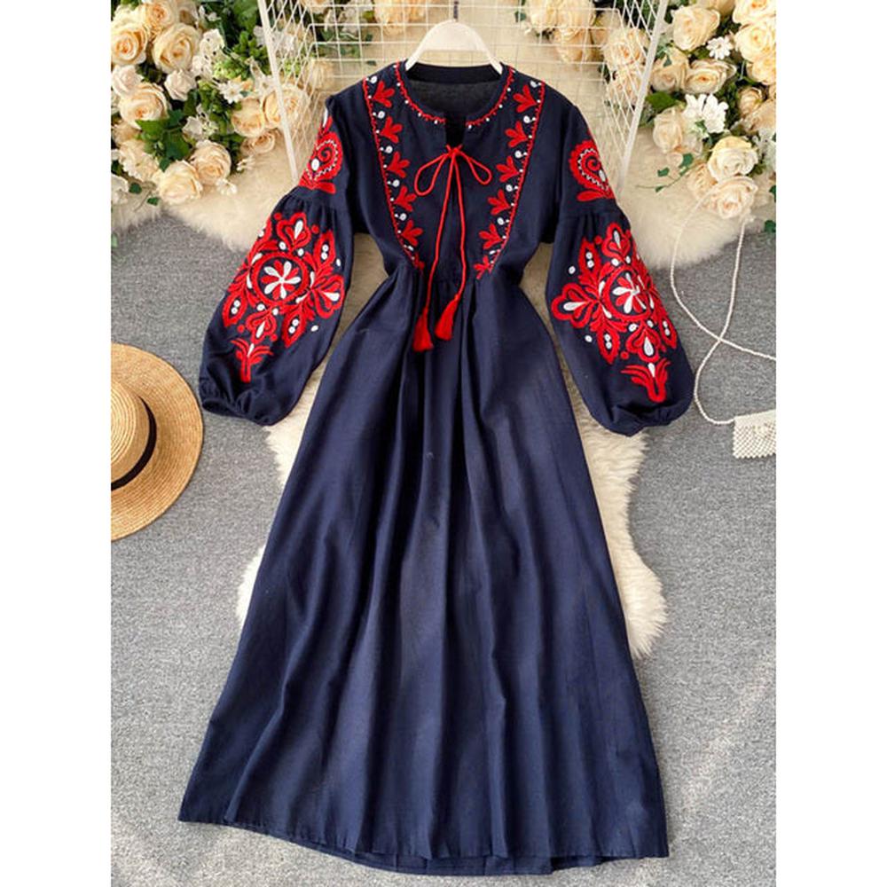 Bohemian Navy O-Neck Lacing Embroidered Flower Lantern Sleeve A-line Dress AR1011 shopify