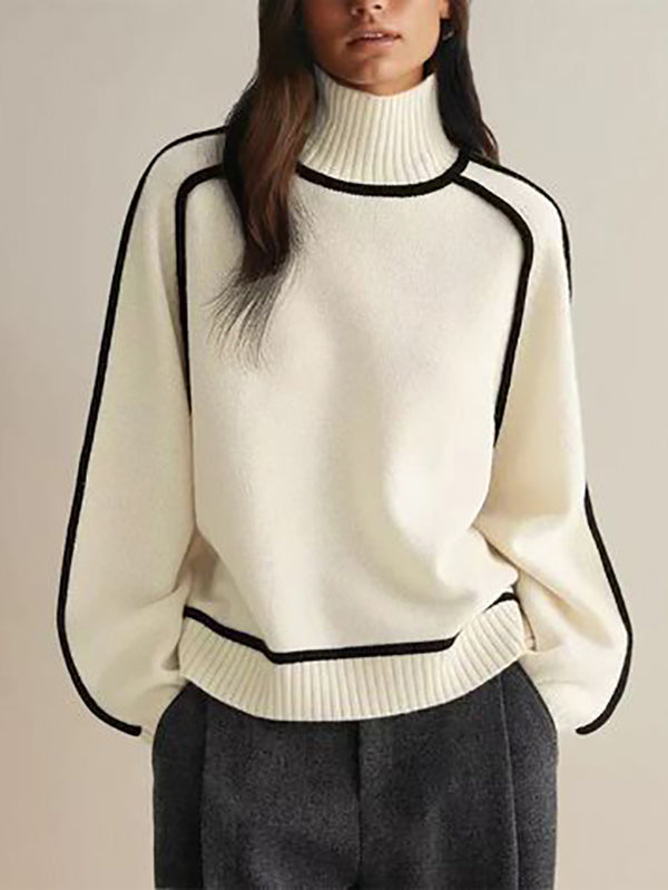 Original White High Neck Contrast Color Long Sleeve Sweater TW012 ABC